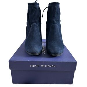 Stuart Weitzman Benita Navy Blue Suede Heeled Booties EUC